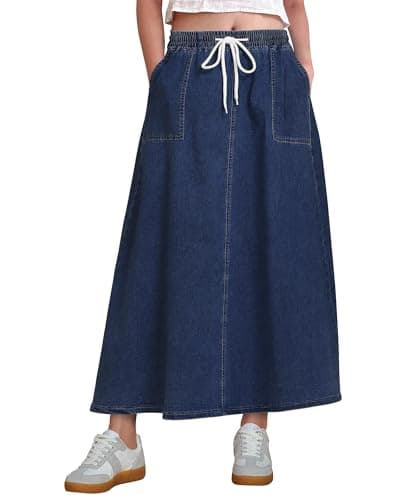 luvamia Denim Skirts for Women Trendy A Line Long Maxi Pull On Elastic Waist Drawstring Stretchy Jean Skirt with Pockets Western Skirt Dark Blue Size X-Large Fits Size 16-18 - Image 1