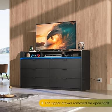 WLIVE 9 Drawer Led Dresser for Bedroom, 58.35'' Black Wood Dresser Storage Organizer with Power Outlets for 65'' TV, Dressers with Open Shelves, Chest of Drawers for Closet, Living Room - Image 2