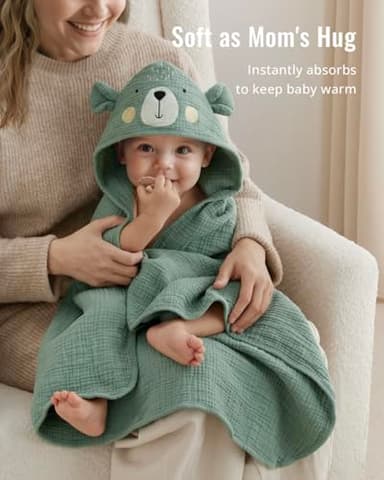 Blissful Diary Muslin Baby Hooded Towel, Soft and Absorbent Bath Towel for Newborn, Infant, Toddler, Unisex, 32″x32″ - Smart Bear - Image 2