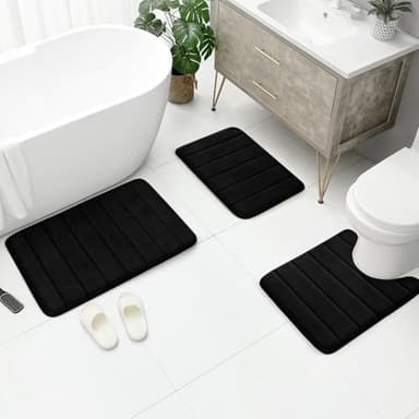 BYSURE Black Memory Foam Bathroom Rug Set 3 Piece, Non Slip Extra Soft Absorbent Washable & Dry Toilet Bath Mat Sets - Image 2