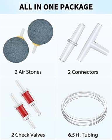 Uniclife 64 GPH Aquarium Air Pump with Dual Outlets Adjustable Quiet Fish Tank Air Pump with Air Stone Airline Tubing Check Valve and Connector Accessories for 10-100 Gallon Fish Tank - Image 5