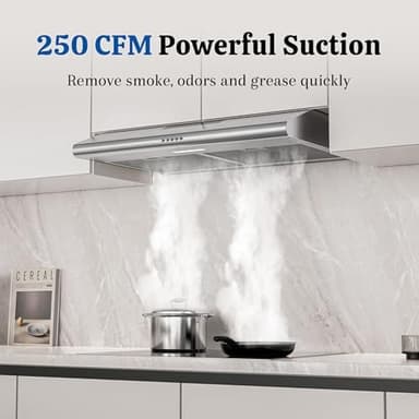 FIREGAS Under Cabinet Range Hood 30 Inch, Ducted/Ductless Convertible Kitchen Vent Hood with 250 CFM, Stainless Steel, 3-Speed Exhaust Fan, Energy-Efficient LED Lights for Stove Ventilation - Image 3
