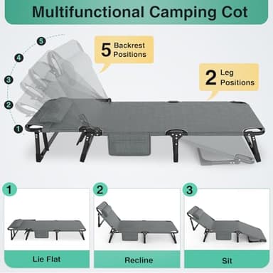 Suteck Folding Camping Cot, All-in-One Portable Outdoor Cot Heavy Duty Sleeping Bed for Adults Camp Bed Cots Build in Pilllow Mattress for Home Office Nap Beach Travel, Grey - Image 3