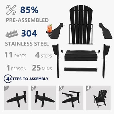 Plawdlik Folding Adirondack Chair, SGS Tested, Wooden Textured with Cup Holder, Heavy All-Weather HDPE Comfortable Set Poolside Backyard Lawn Black - Image 6