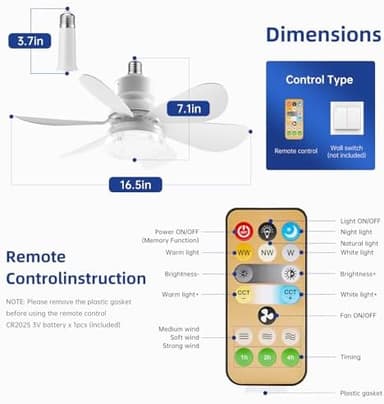 Socket Fan Light - Ceiling Fans with Lights and Remote/Socket Extender,Adjustable brightness and 3 color temperature of lighting Wind Ceiling Fan for Bedroom, Kitchen, Living Room (Crystal - Image 3