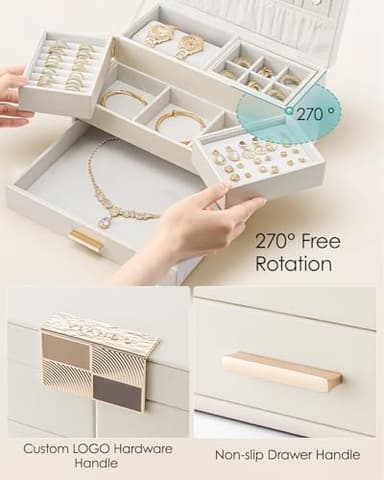 Vlando 3 Layer Jewelry Box - Women Jewelry Box with Retractable Tray - Jewelry Organizers with Drawer for Necklaces, Rings, Bracelets, Earrings, Gift for Couples Mom Girls - Could White - Image 4