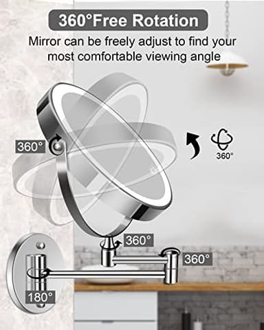 Rechargeable Lighted Wall Mounted Makeup Mirror, 8" Double-Sided 1X/10X Magnifying Bathroom Mirror with 3 Color Lighting, Touch Screen Dimmable 360°Swivel 13 Inch Extendable Chrome Vanity Mirror - Image 5