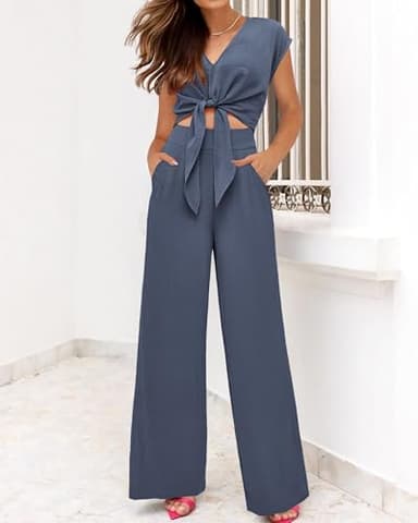 PRETTYGARDEN Women's Summer 2 Piece Outfits 2025 Cap Sleeve V Neck Belted Crop Tops Wide Leg Pant Sets Casual Tracksuit(Solid Grey Blue,Small) - Image 6
