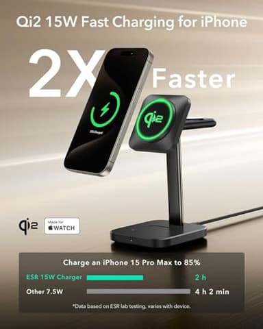ESR Qi2 3 in 1 Wireless Charging Station, [Certified] Apple Watch Charger & 15W Qi2 MagSafe Charger Stand for iPhone, Wireless Charger for Multiple Devices iPhone 17/16/15/14/13&Watch&AirPods,Black - Image 3