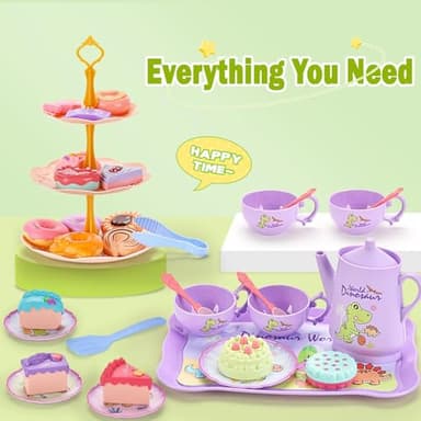 Lajeje Dinosaurs Tea Party Set for Little Girls, Pretend Plastic Teapot Set, Princess Tea Time Play Kitchen Toy with Dessert, Carrying Case for Birthday Easter Gifts Kids Toddlers Age 3 4 5 6 - Image 5