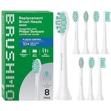 Brushmo Plaque Control Replacement Toothbrush Heads, Compatible with Philips Sonicare Click-on Electric Toothbrush Handles, 8 Standard Replacement Heads, Soft Dupont Bristles, BM928, White - Image 1