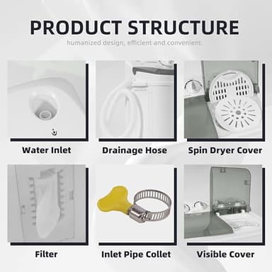 Sustainova Portable Washing Machine Twin Tub 9.9 Lbs Capacity, (7.7 Lbs) and Spinner(2.2 Lbs) Combo Mini Compact Laundry Washer for Home, Apartment, Camping, RVs and Dorms, Black/White - Image 4