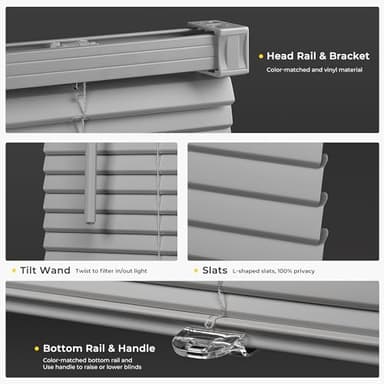 UNISHADES 100% Privacy L-Shaped Blades Mini Blinds for Indoor Windows 1" Vinyl Cordless Window Blinds for Home, for Window Size 34" W × 64" H (Blinds Size 33 5/8" W × 64" H) Grey - Image 6