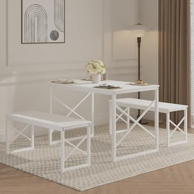 VECELO Kitchen Table with 2 Benches for 4, 43.3'' Wood Dining Room Dinette Sets with Metal Frame for Breakfast Nook and Small Space, White - Image 3