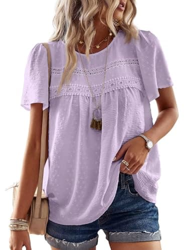 Falechay Purple Plus Size Tops Solid Babydoll Chiffon Pom Pom Short Sleeve Womens Button Down Blouse Cute Bohemian Crewneck Fall XXXL - Image 1