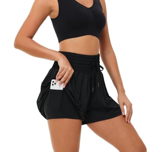 Womens Flowy Athletic Shorts Gym Yoga Workout Running Sport Sweat Skort Golf Tennis Butterfly Skirt High Waisted with Pocket Cute Comfy Lounge Pants Trendy Clothes Casual Summer Outfits Black XL - Image 1