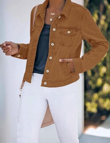 luvamia Women's Classic Casual Long Sleeves Jacket Basic Button Down Trucker Jacket Coat Brown Size X-Large - Image 2