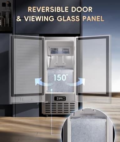 ecozy Under Counter Nugget Ice Maker Machine, Bulit-in & Freestanding, Horizontal Handle, Reversible Door, 66 Lbs/Day, Thickened Viewing Glass Window, Self-Cleaning & 24H Timer, Stainless Steel - Image 3