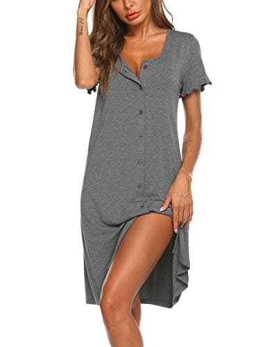 Ekouaer Women's Nightshirt Short Sleeve Button Down Nightgown V-Neck Sleepwear Pajama Dress Grey - Image 1