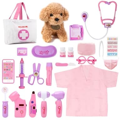 Meland Toy Doctor Kit for Girls, Pretend Play Toy Doctor Set with Dog , Carrying Bag, Stethoscope & Dress Up Costume Gift for Kids Toddlers Ages 3 4 5 6 Year Old for Role Play - Image 1