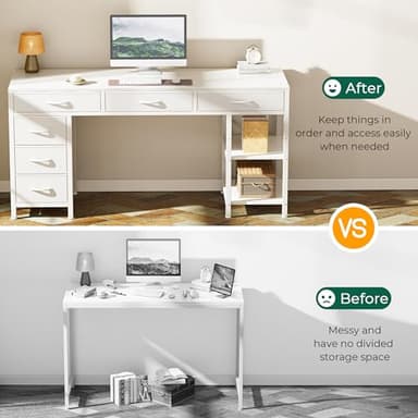 Huuger Computer Desk with 6 Drawers, 54 Inch Office Desk with Shelves, Reversible Gaming Desk, Corner Desk with Storage, Work Desk for Home Office, Study, Living Room, White - Image 5