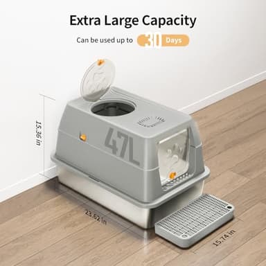 Eosarcu Stainless Steel Cat Litter Box with Lid, XL Large Enclosed High Sided Litter Box with Removable Lid, Carbon Filters -Odor Free, Easy Cleaning, Anti-Urine Leakage for Big Cats/Multiples-Grey - Image 2
