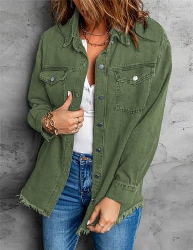 Vetinee Women's Oversized Denim Jean Jacket in Elm Green, Frayed Raw Hem, Front Button, Long Sleeve, Pockets - Size 8/10 - Image 5