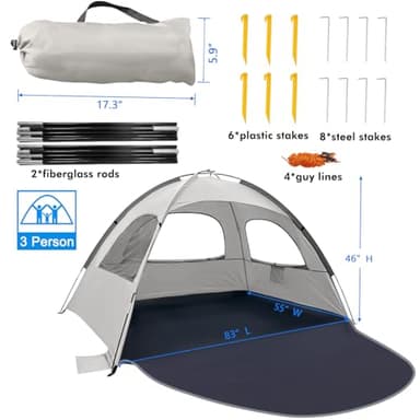 WhiteFang Beach Tent Anti-UV Portable Sun Shade Shelter for 3 Person, Extendable Floor with 3 Ventilating Mesh Windows Plus Carrying Bag, Stakes and Guy Lines (Baby's Breath) - Image 7