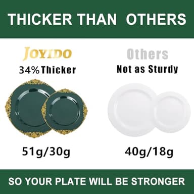 Joyido 102PCS Green and Gold Plates - Green Plastic Plate - Fancy Heavy Duty Disposable Plates - Heavyweight Disposable Dinner & Dessert Plate for 51 Guests for Party & Wedding - Image 9