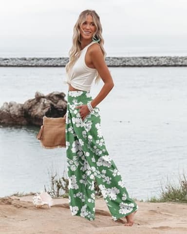 Angerella Pants for Women Ladies Casual Loose Wide Leg Cozy Palazzo Pants Comfy High Waisted Yoga Pants with Pocket GreenWhite S - Image 3