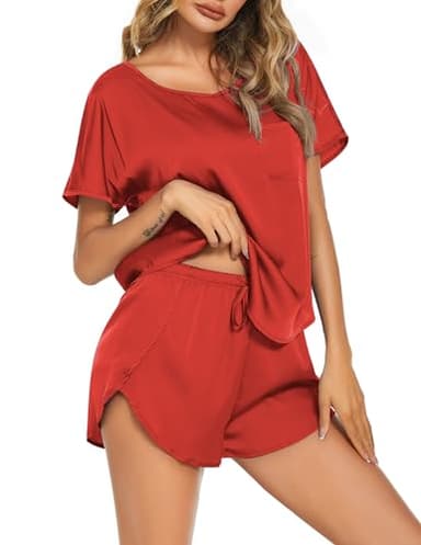 Ekouaer Women Satin Pajama Set Short Sleeve Lightweight Silk Pajama Set 2 Piece Lounge Sets with Shorts Red - Image 1