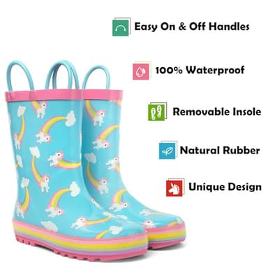 landchief Toddler Rain Boots, Kids Rain Boots Waterproof Rubber Boots for Girls and Boys with Fun Patterns and Easy-On Handles, Size 3, Rainbow Unicorn - Image 2