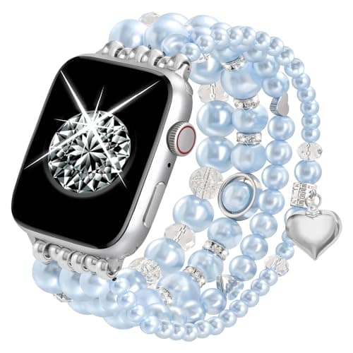 V-MORO Compatible with Apple Watch Band Series 10(42mm)/9/8/7 41mm/40mm Women Fancy Beaded Elastic Bracelet Bling Strap for iwatch SE Series 6/5/4/3/2/1 Blue,for 5.5"-6.2" Wrist - Image 1