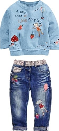 LUKYCILD Toddler Girl Clothes Baby Girl Long Sleeve Top + Jeans Pants with Pockets 2 Piece Outfit Cartoon Clothing Set - Image 1