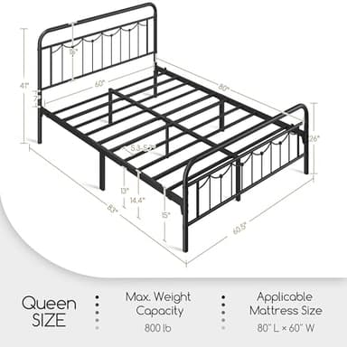 Yaheetech Queen Size Metal Bed Frames with Vintage Headboard and Footboard, Farmhouse Metal Platform Bed, Heavy Duty Steel Slat Support, Ample Under-Bed Storage, No Box Spring Needed, Black - Image 2