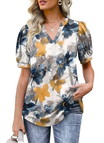 Women Tunic Tshirts Summer Short Puff Sleeve Tops Fashion V Neck Shirts Baggy Comfy Floral Yellow XL - Image 2