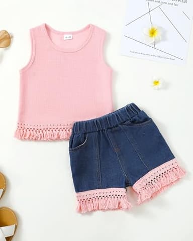 Mikrdoo Baby Girls Clothes Toddler Girl Summer Outfits Cute Tassel Hem Sleeveless Infant Tank Tops Ripped Denim Shorts Set Pink 3-4T - Image 3
