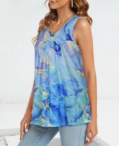 CHICGAL Women's Tank Tops Casual Summer Blouse Sleeveless Tunic Loose Boho Shirt(Floral Blue Smudge,XXL) - Image 2