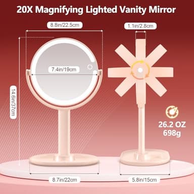 MIYADIVA Makeup Mirror with Lights,20X Magnifying Mirror with Light and Touch Switch,Vanity Mirror with 3 Color Light and 80 LEDs,2-Sided Lighted Magnified Mirrors 8.8 Inches, Pink - Image 6