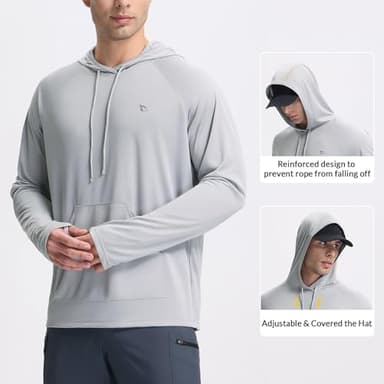 baleaf Swim Shirts Men Rash Guard Long Sleeve Sun Protection Hoodie UV Lightweight Athletic Running with Kangaroo Pocket Light Gray L - Image 2