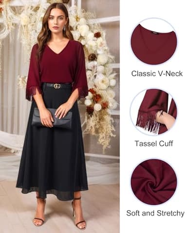 Lotusmile Dressy Tops for Women: Ladies Cocktail Tops for Women Evening Party - Elegant V Neck 3/4 Flared Sleeve Shirts - Business Casual Tops (Wine, M) - Image 4