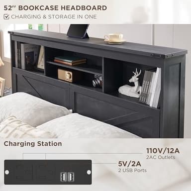 ACCOHOHO Farmhouse King Size Wood Bed Frame with 52" Tall Storage Headboard and 4 Drawers,LED Light,Charging Station,Solid Wood Slats Support,Noiseless,No Box Spring Needed,Black - Image 4
