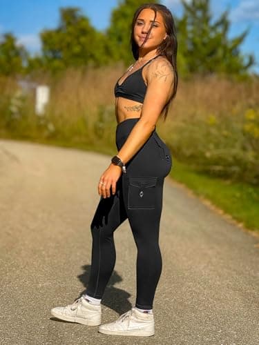 YEOREO Workout Cargo Leggings with Pockets for Women Hidden Scrunch Butt Lifting Hedda Leggings Compression Gym Yoga Pants Black L - Image 3