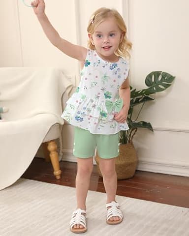 YUEMION Toddler Girl Clothes, 2Pcs Baby Girl Summer Outfits Sleeveless Bow Knot Tank Shirts Tops + Shorts Clothing Sets(Flowers+ Light green, 2-3T) - Image 2