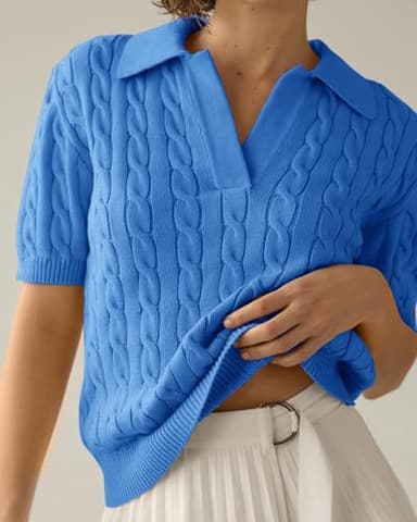 Imily Bela Women's Cable Short Sleeve Sweaters Tops Solid Lapel V Neck Knit Casual Soft Pullover Shirt Blue - Image 2