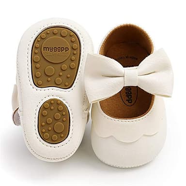 LAFEGEN Baby Girls Mary Jane Flats with Bownot Non Slip Soft Sole PU Leather Newborn Infant Toddler First Walker Cirb Dress Shoes, 6-12 Months Infant, 07 White - Image 1