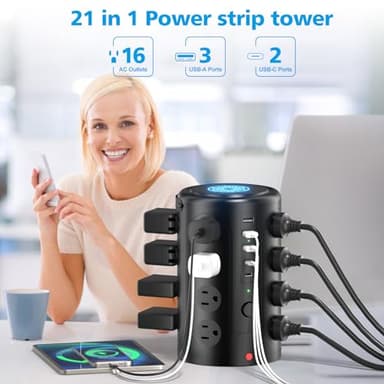 Tower Power Strip Surge Protector with 16 Outlets and 5 USB Ports (2 USB-C), 6FT Extension Cord with Multiple Outlets,Heavy Duty Charging Station,Home Office Dorm Room Essentials. No Wireless Charging - Image 2
