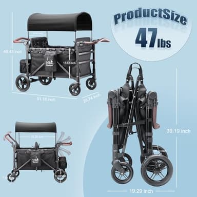 Rovique 4 Seater Wagon Stroller – Deluxe Quad Wagon for 4 Kids with Snack Trays,All-Terrain Wheels,Push Handle, Canopy,Aluminum Frame – Gift for Baby Showers,New Parents,Birthdays - Image 8