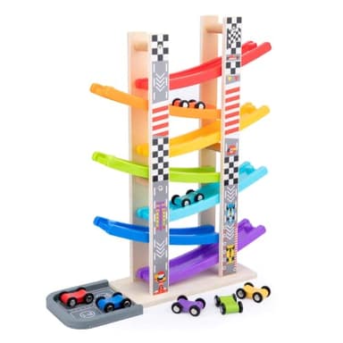 Wood City Toddler Toys for 1 2 3 Years Old, Wooden Car Ramp Racer Toy Vehicle Set with 7 Mini Cars & Race Tracks, Montessori Toys Craft Gift for Toddlers Boys and Girls - Image 1