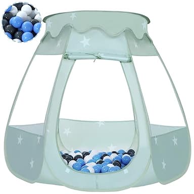 Wilhunter Baby Ball Pit for Toddler with 50 Balls, Kids Pop Up Play Tent for Girls, Princess Toys Gifts for Children Indoor & Outdoor Playhouse (Celadon: Gray/White/Babyblue, 109x90cm/50 Balls) - Image 1